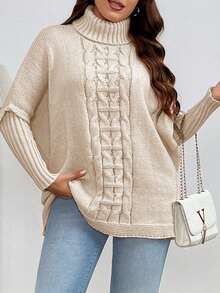 Plus Size Casual Loose Solid Turtleneck Knitted Sweater