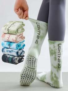 3 Pairs Women All Season Yoga Socks, Tie-Dye & Letter Print Silicone Non-Slip Sports Socks - Multicolor - View 1