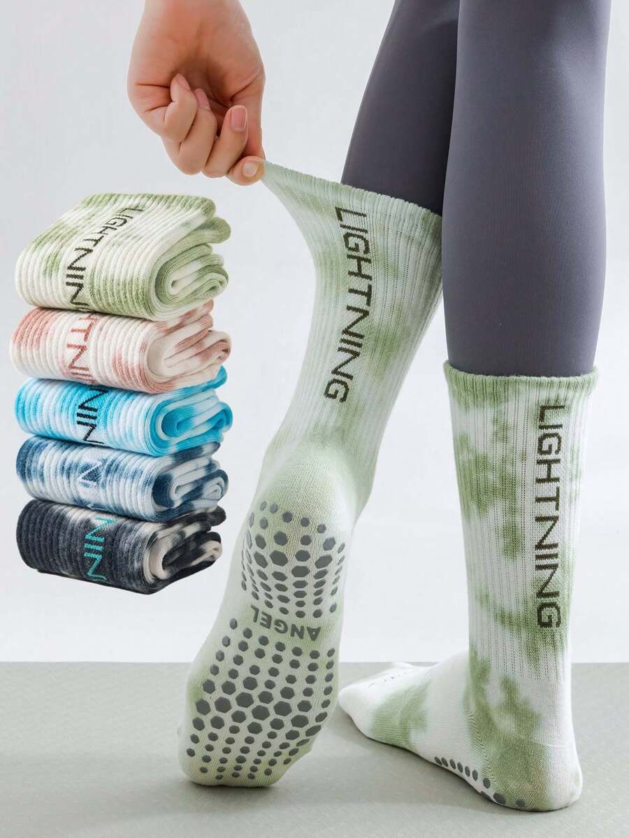 3 Pairs Women All Season Yoga Socks, Tie-Dye & Letter Print Silicone Non-Slip Sports Socks - Multicolor - View 1