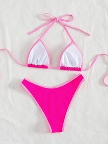 PEPPERMOLLY Bộ bikini màu trơn mới, chất liệu mềm mại, cổ buộc dây, kiểu dáng gợi cảm, thích hợp cho kỳ nghỉ hè ở bãi biển. - Màu Hồng Tươi - Xem 2