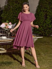 UNITHORSE Women's Round Neck Ruffle Sleeve Ruched Ruched Waist Slim-Fit Backless Elegant Dress Bridesmaid Dress - Red Violet - View 5