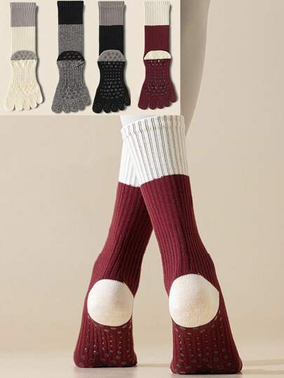 1 双中小腿压缩彩色防滑五趾袜 - 透气吸湿排汗高弹力，适合普拉提、瑜伽、健身