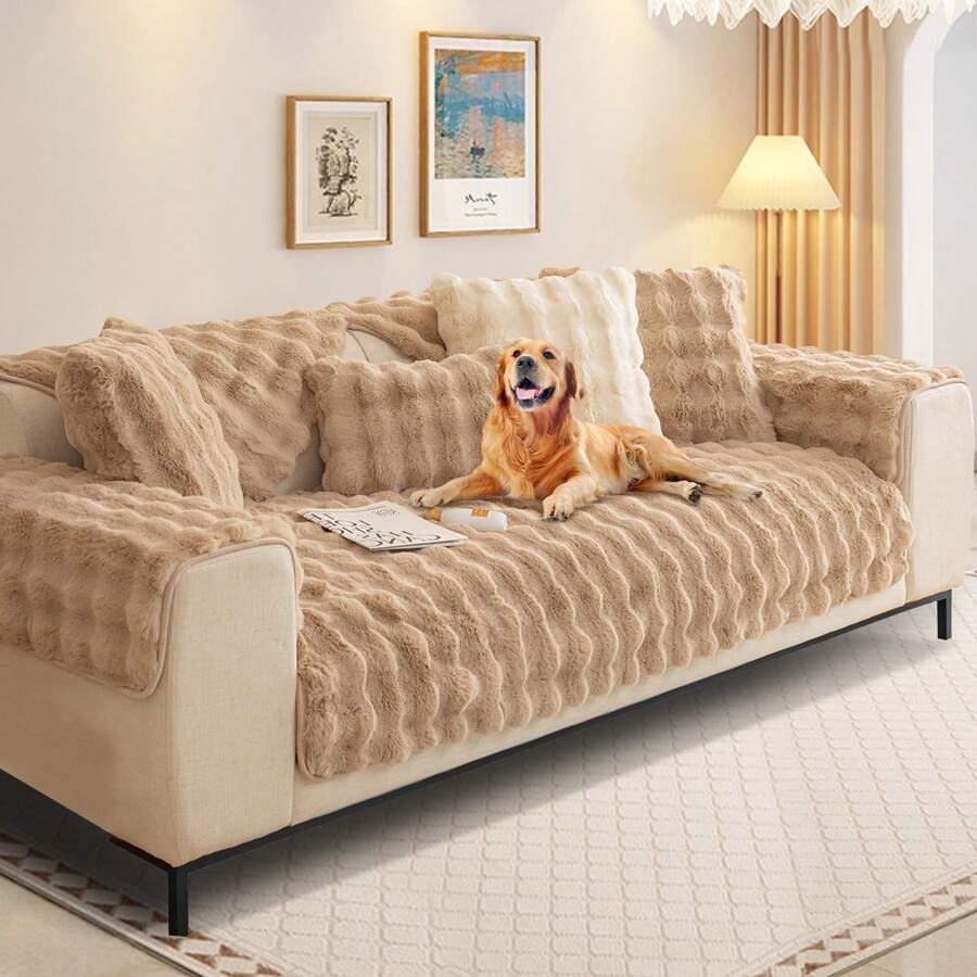 Soft Plush Sofa Cover - Non-Slip Sofa Cover 1 2 3 4 Seater Couch Cover For Sectional Sofa, Fluffy Faux Fur Sofa Seat Cushion Cover L Shape Furniture Protector - 卡其色 - 查看 1
