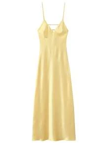 Vestido amarelo de verão para mulher, vestido longo elegante de noite em cetim, com alças finas, costas nuas, para convidada de casamento, madrinha, baile de finalistas e festa - Amarelo - Ver 1