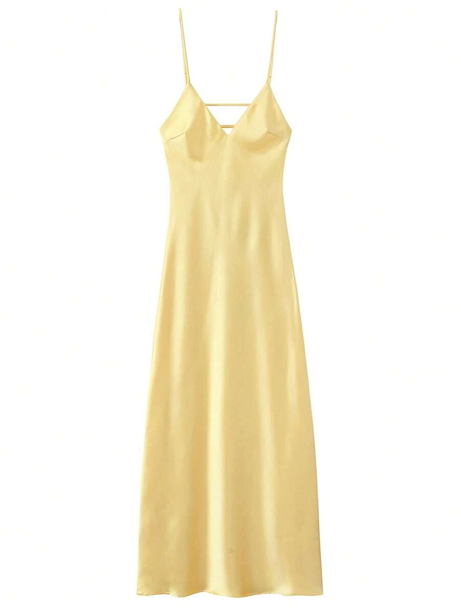 Vestido amarelo de verão para mulher, vestido longo elegante de noite em cetim, com alças finas, costas nuas, para convidada de casamento, madrinha, baile de finalistas e festa - Amarelo - Ver 1