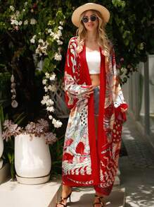 Retro Elegant Mid-Length Loose Printed Robe Kimono Cover Up, Beach Cover Up, Summer Vacation Swimsuit Cover-Up, Sun Protection - Red - View 8