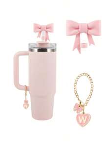2pcs/Set: 1pc Silicone Bow Straw Topper & 1pc Letter Heart Bow Cup Tag, Fit For 40oz Cup, 10mm Straw Diameter, With Handle Glass Cup, Cute Pink Butterfly Decoration, Back To School Supplies