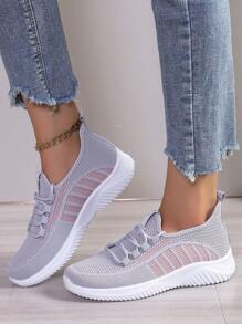 女鞋运动鞋新款网面轻便跑步鞋透气跑步鞋软底欧美浅口系带圆头情侣鞋 - 灰色 - 查看 5