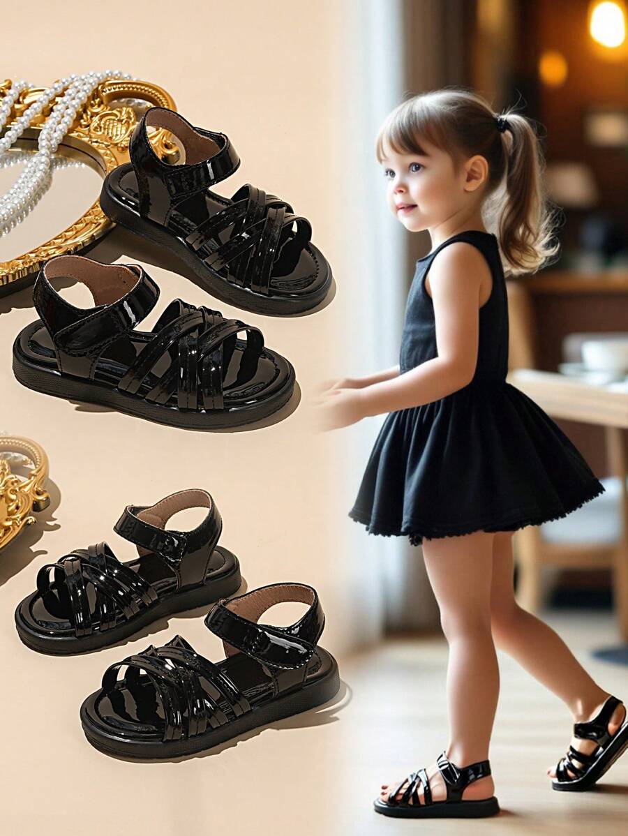 1 Pair Cute Striped Woven Hook And Loop Flat Sandals For Little Girls - Black - View 1