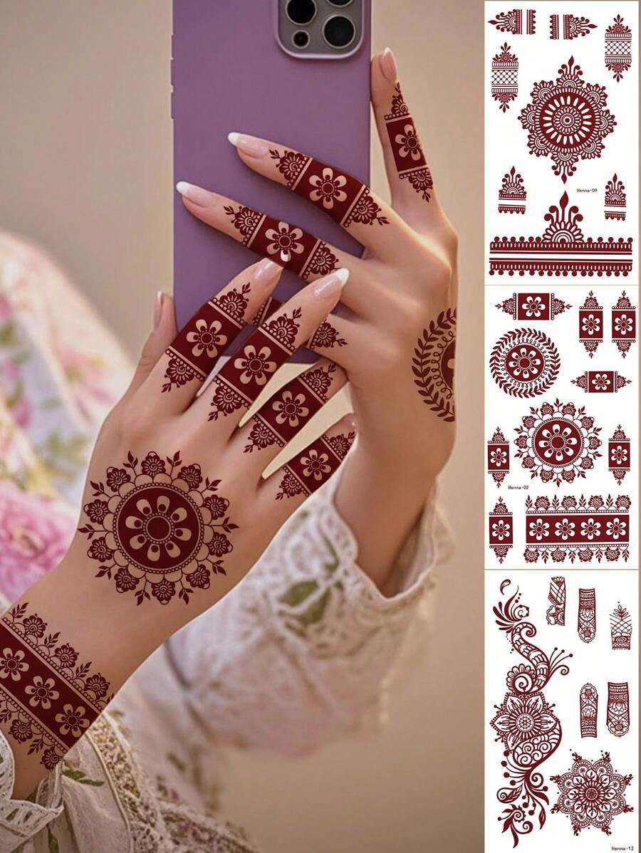 3 件装红色指甲花纹身贴纸，半袖尺寸，逼真，持久，防水