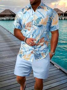 Stylish Men's Summer Combo: Light Blue Printed Shirt & Casual Shorts - Màu xanh nhạt - Xem 2