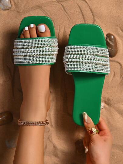 Sandali da donna con decorazioni di perle sintetiche, scarpe estive casual alla moda con punta quadrata e suola piatta
