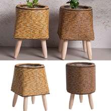 1PC Vintage Imitation Rattan Woven Flower Shelf Planters Handmade Storage Basket With Removable Wooden Legs Plant Pot Stand Holder