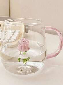 1pc 400ml 3d Rose Flower Design Single Layer Glass Cup With Clear Straight Body, For Juice, Beverage, Water, Milk Tea
