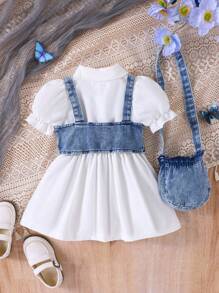 3pcs Baby Girl Set: Denim Cropped Vest Jacket, Solid Polo Collar Bubble Sleeve Ruched Waist Dress And Denim Bow Decor Crossbody Bag
