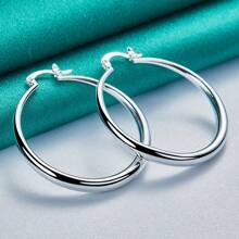 925镀银40毫米光滑圆形耳环，女士婚礼派对时尚礼物首饰 - 銀色 - 查看 2