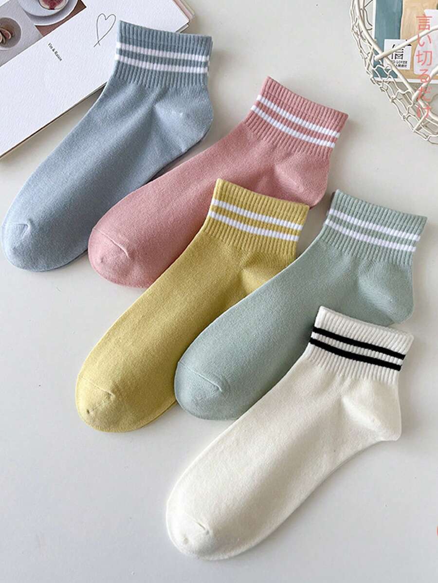 5 Pairs Women's Colorful Striped Short Socks, Fashionable & Versatile, Spring/Summer