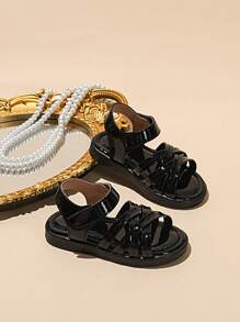 1 Pair Cute Striped Woven Hook And Loop Flat Sandals For Little Girls - Black - View 2
