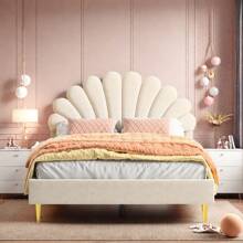 Upholstered Bed, Double Bed 140x200 Cm, Bed Frame With Floral Headboard And Slatted Frame, Girl's Bed, Guest Bed, Without Mattress, Velvet, Beige/Burgundy - 90*200CM - 查看 1