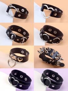 朋克风格哥特式嘻哈铆钉 PU 皮革手链，适合女性日常佩戴、节日、派对、音乐会、情人节礼物 - 黑色 - 查看 11