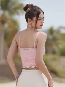 Women Crop Camisole Casual Summer Lace Patchwork Spaghetti Straps Tank Tops Sleeveless T-Shirt For Club Streetwear