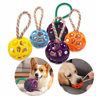 TPR Chew Toy For Dogs, Durable Rubber Knot Ball With Braided Rope Handle, High Elasticity Hollow Pet Toy For Teeth Grinding & Training, Breed Recommended For Medium Dogs