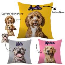 1PC DIY Custom Design Pet Portrait Pillow, Personalized Retro Photo Pillow Case For Dog And Cat Owners, Custom Pet Name Gifts - Multicolor - View 1