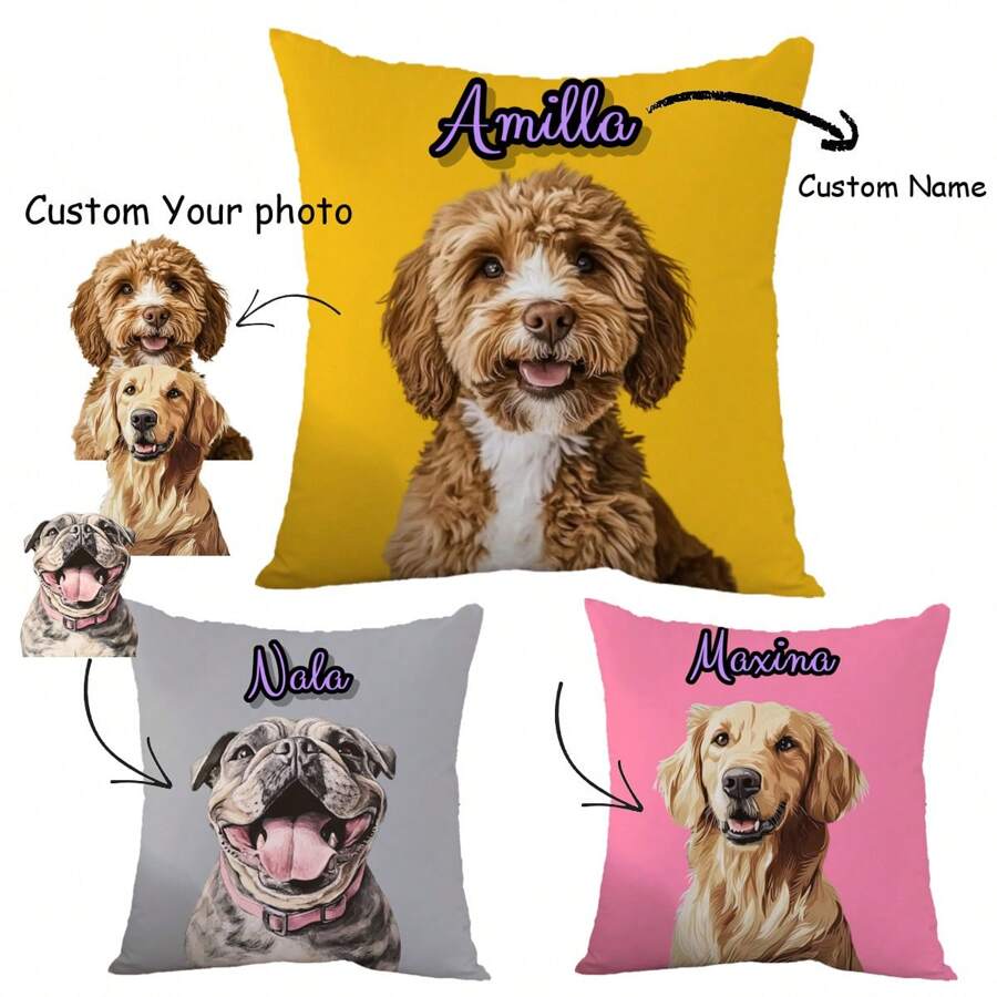 1PC DIY Custom Design Pet Portrait Pillow, Personalized Retro Photo Pillow Case For Dog And Cat Owners, Custom Pet Name Gifts - Multicolor - View 1