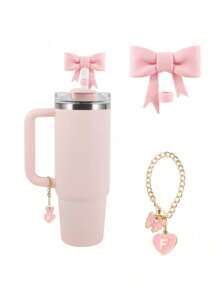2pcs/Set: 1pc Silicone Bow Straw Topper & 1pc Letter Heart Bow Cup Tag, Fit For 40oz Cup, 10mm Straw Diameter, With Handle Glass Cup, Cute Pink Butterfly Decoration, Back To School Supplies