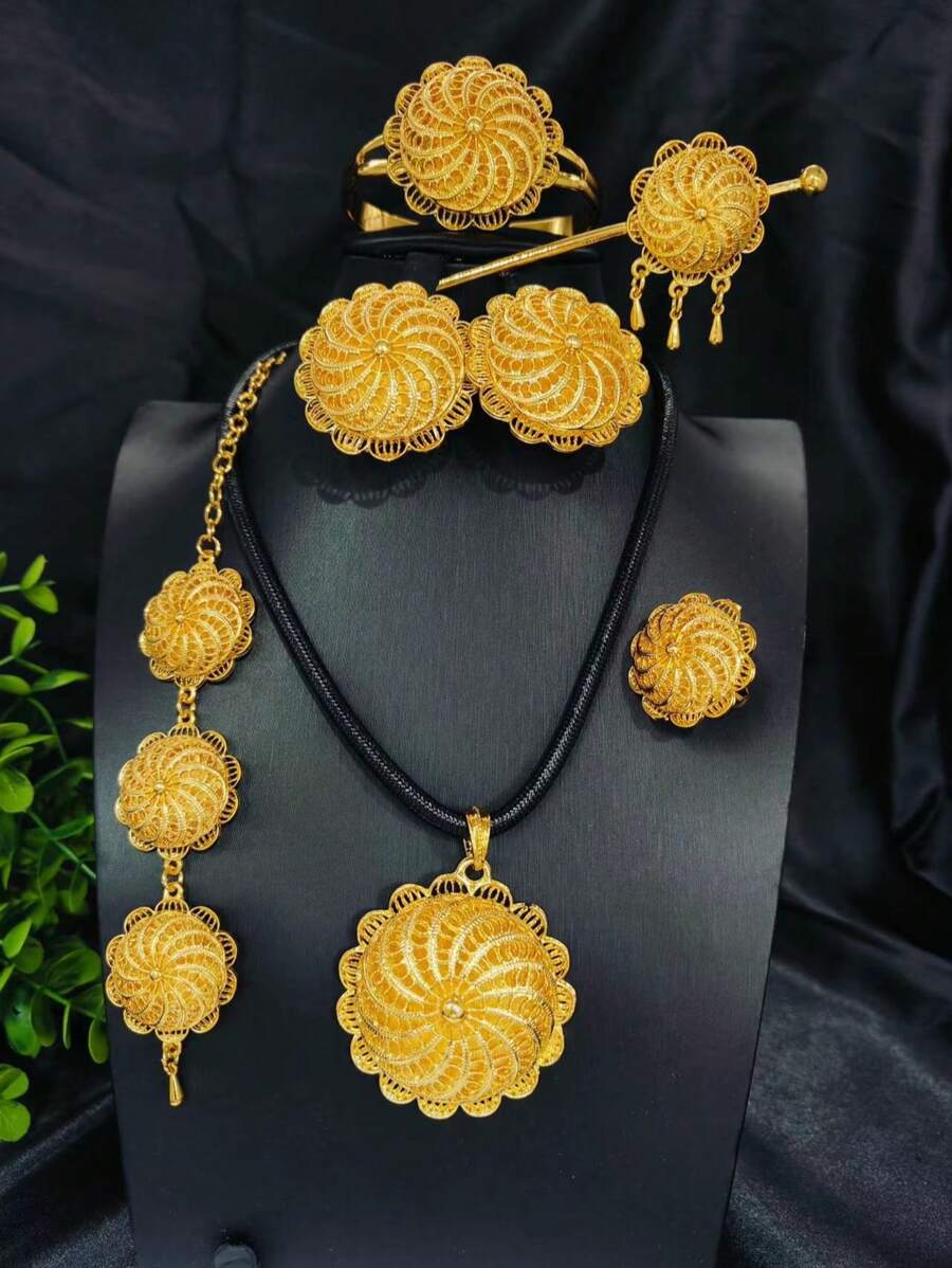 1条项链 1对耳环 1条手链 1个戒指 1个发夹 1个头链 时尚女士镀金吊坠黑绳首饰套装6件迪拜新娘首饰套装印度沙特阿拉伯非洲新娘婚宴礼服配饰圣诞新年情人节礼物首饰套装