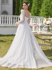 Elasola 公主袖蕾丝刺绣薄纱优雅婚纱晚礼服，白色网纱连衣裙，优雅 - 白色 - 查看 2