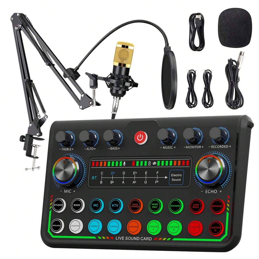 Ensemble Microphone Podcast BM800 + Carte Son V8s Changeur Voix – Kit Complet Streaming, Enregistrement, Chant, TikTok YouTube, Effets 10 Sons, Plug & Play