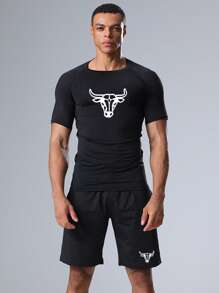 2 件/套男士运动套装、健身短袖 T 恤、跑步训练压缩衬衫、印花 T 恤和短裤套装