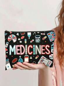 黑色帆布药丸收纳袋，带拉链 - 可重复使用的旅行和化妆包，商务旅行必备，采用“药物”和彩色医学插图设计，是送给女性、姐妹、女儿的完美礼物
