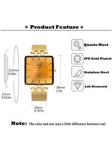 MISSFOX Fashion Men's Gold Dial Simple Square Stainless Steel Mesh Strap Watch