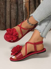 Sandalias bohemias de mujer con estilo vintage, cómodas y casuales, 2025 nueva moda, con correas cruzadas suaves tejidas de unicolor, decoración floral, hebilla, transpirables, apropiadas para verano, versátiles para vacaciones, antideslizantes, para viajes, tallas grandes, regalo del Día de San Valentín - Rojo - Ver 4