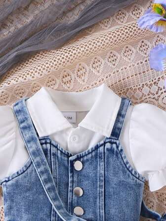 3pcs Baby Girl Set: Denim Cropped Vest Jacket, Solid Polo Collar Bubble Sleeve Ruched Waist Dress And Denim Bow Decor Crossbody Bag