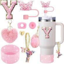 8 piezas de accesorios para taza de 40 oz y 30 oz, incluyendo tapa con pajita, tapa de silicona a prueba de derrames, funda de silicona, cadena con dije de letra, pegatina, gancho en forma de corazón, pompones con forma de corazón y bola de pelo, ideal para camping, regalo del Día de San Valentín, Día de la Madre, útiles escolares