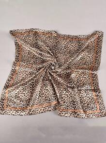 1条女士时尚豹纹90厘米方巾，多功能头巾，适合四季搭配连衣裙 - 01-卡其 - 查看 3