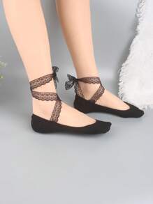 1 双女式系带芭蕾平底隐形薄袜，防滑透气吸湿排汗隐形袜子 - 黑色 - 查看 7