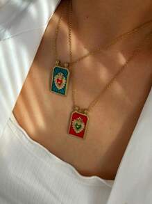 Monlansher 1 件不锈钢心形吊坠项链，手工珐琅装饰，时尚简约，百搭日常佩戴 - 金色 - 查看 3