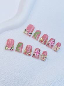 10 件 Y2K Nails 别致鸭嘴按压式指甲套装 - 手工制作，白色法式风格，3D 手工花朵和 3D 手绘绿叶，跳跃色彩指尖法式风格，金色蝴蝶结和闪亮多色水钻装饰 - 非常适合派对和休闲装扮，是送给女士和女孩的完美节日礼物，包括工具包指甲用品指甲 - 彩色 - 查看 1