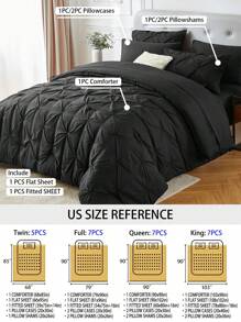 5Pcs/7-Pcs Queen Pinched Pleat Bed Comforter Sets Queen  - Luxurious, Soft, Breathable, Hypoallergenic, And Cooling Summer Bedding For All Seasons With Sheets, Pinched Pleat   Design, And Bed-In-A-Bag Convenience - Easy Care, Machine Washable, And Durable,  Ideal Gift - 黑色 - 查看 3