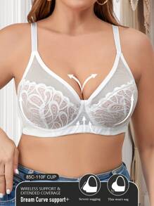 Plus Size Women Lace Patchwork Push-Up Wireless Bra - White - View 5
