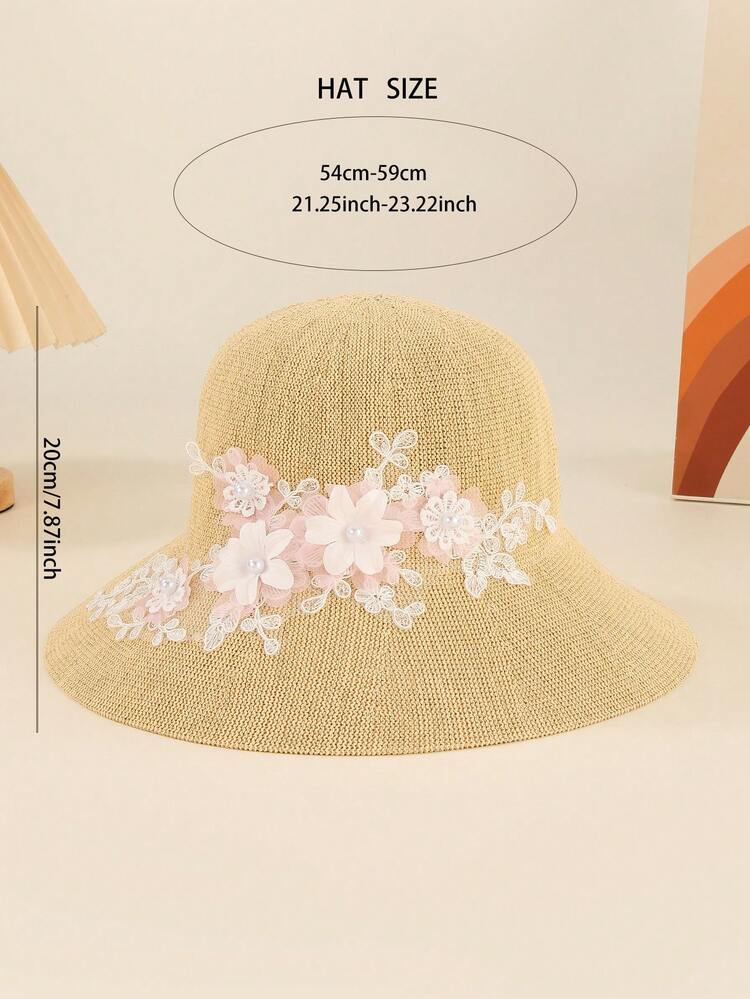 1pc Handmade Pearl Lace Flower Decor Bucket Hat, Elegant Versatile Sun Protection Hat For Women, Spring/Summer, Mother's Day - Applique Straw Hat - View 10