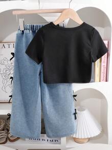 Girls' Butterfly Print T-Shirt & Wide Leg Butterfly Decor Pants Set, Fashionable Summer Outfit