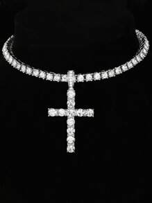 水鑽冰鎮十字吊墜項鍊4mm網球鏈條適合男人及女人嘻哈首飾類 - 銀色 - 查看 14