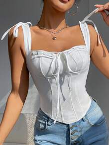 Cross-Border New Slim Herringbone Camisole Bow Tie Square Neck Beauty Back Top Women's Vest - 白色 - 查看 3