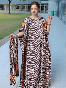 1 套女士春夏斑马印花雪纺沙滩罩衫、泳衣披肩、缎面和服长袍 + 头巾，适合旅行和日常使用