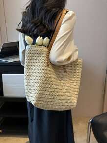 夏季大容量草编手提包，新款时尚女士单肩斜挎包，休闲通勤沙滩编织手提包